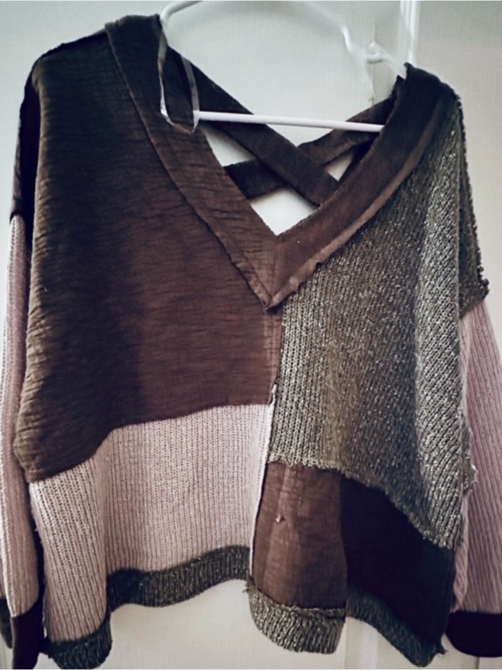POL V-Neck Patchwork Sweater